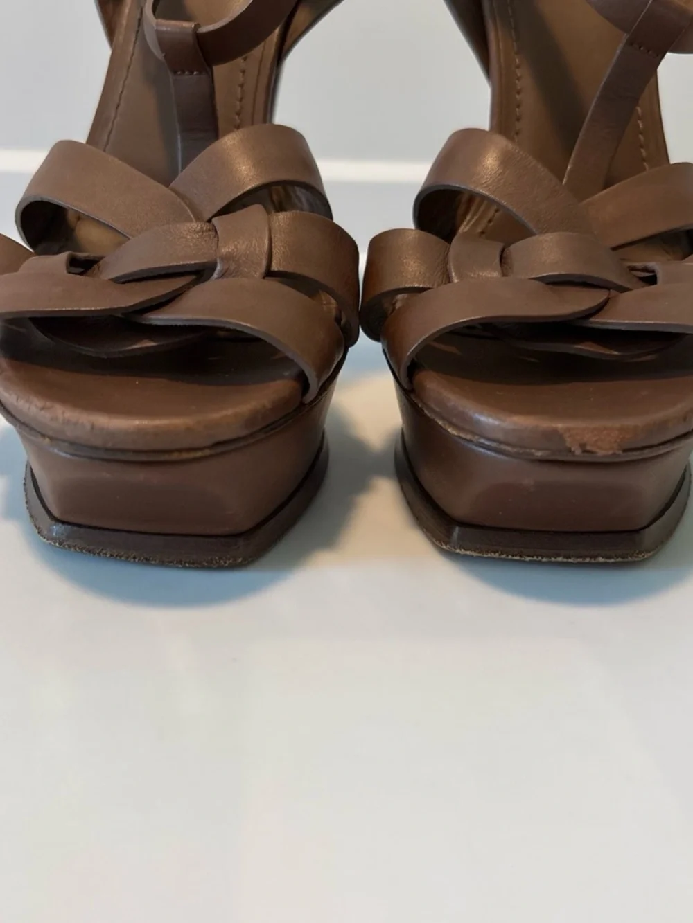 Vintage Y2K Yves Saint Laurent Brown Leather Knot-Strap Heeled Sandals
